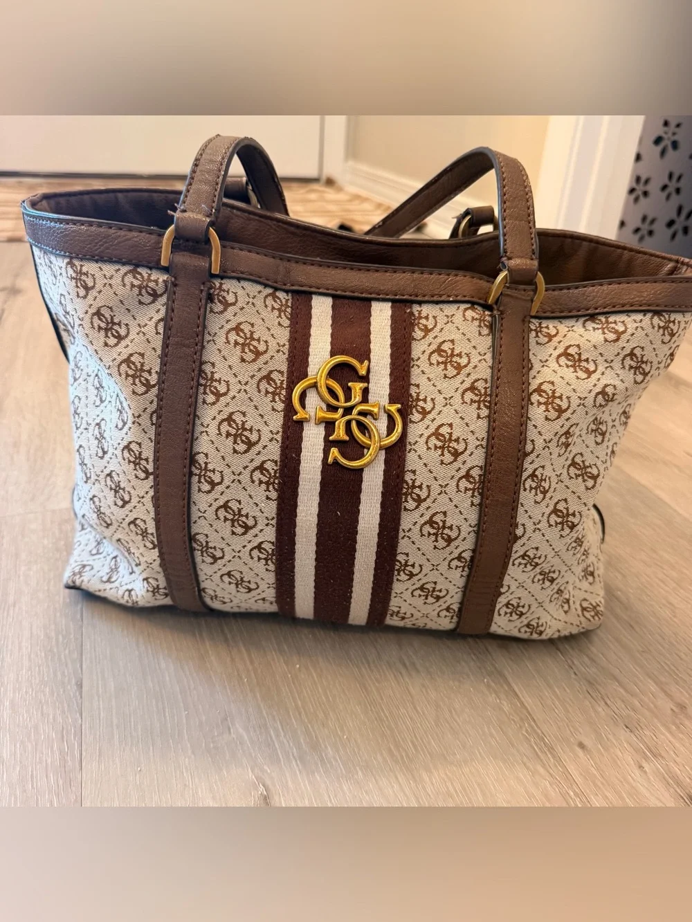 Guess Vintage Monogram Tote Bag - Brown Canvas
